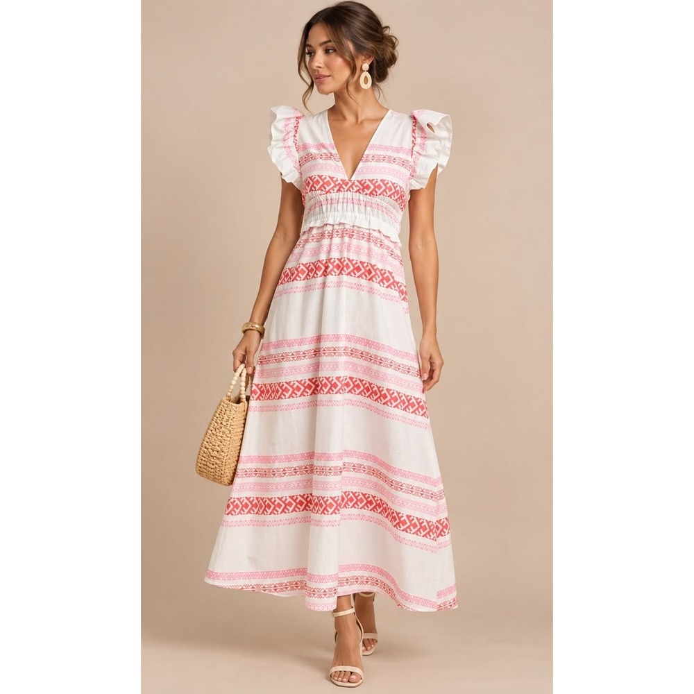 SAIL TO SABLE Women's New Maxi Dress SMALL Red Orange Aztec Print Flutter SP25T5